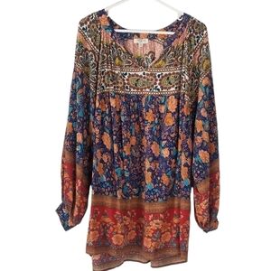 Umgee Flowy Long Sleeve Tunic Blouse Size S Orange/Blue Paisley Floral Print